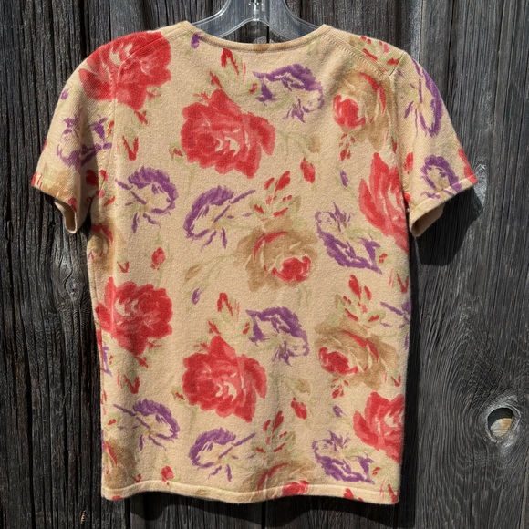 Saks Fifth Avenue Floral Short Sleeve 100% Cashmere Sweater Top Size S - Picture 2 of 9